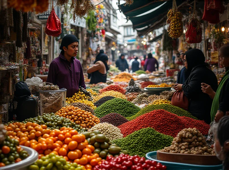 A bustling traditional market in Indonesia, with vendors selling fresh produce and food items.