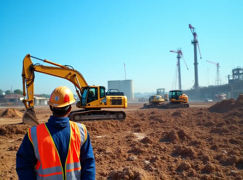 Construction workers at a large industrial site in Indonesia, with heavy machinery and infrastructure in the background.