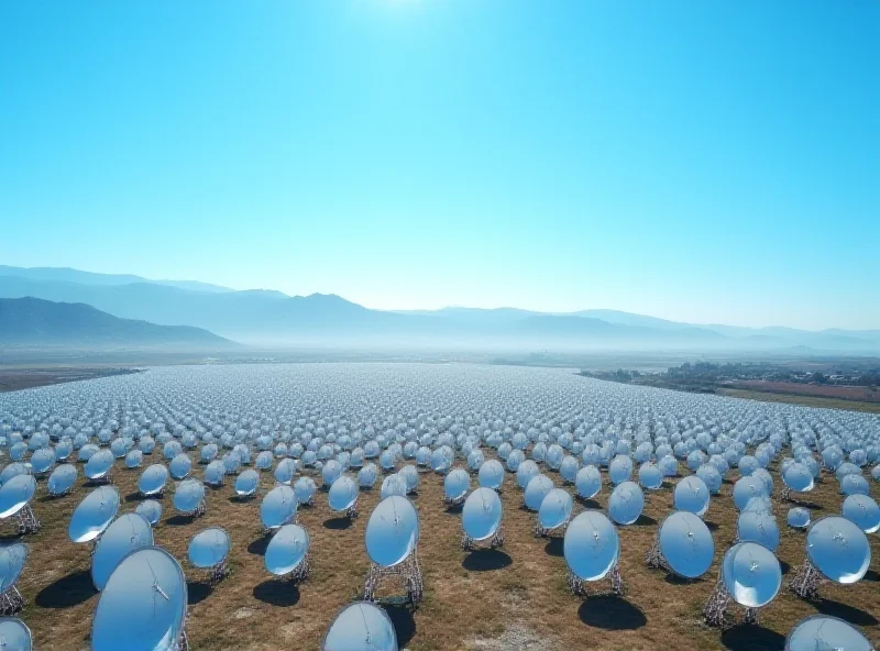 Aerial view of a satellite dish farm with the Indra logo subtly imposed over the scene.