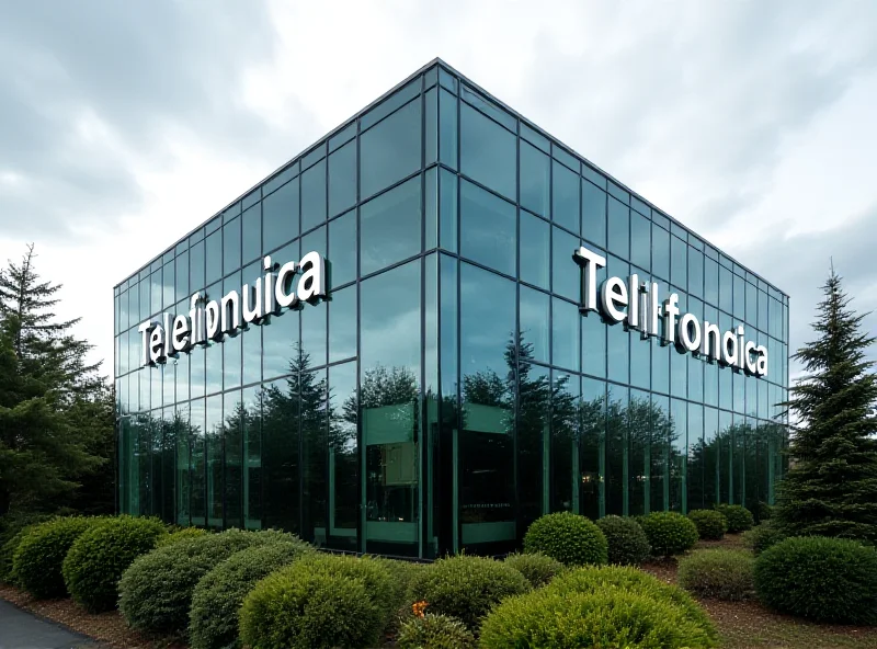 A modern office building with the Telefónica logo prominently displayed on the exterior.