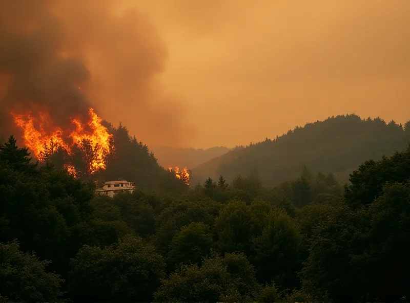 Japanese landscape during wildfire.