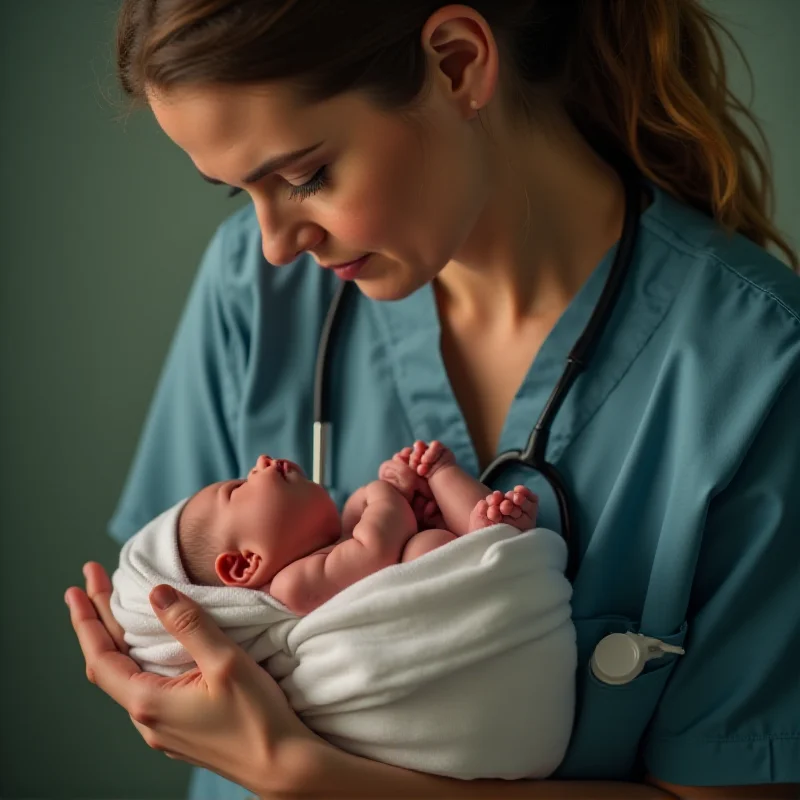 A close-up shot of a midwife gently holding a newborn baby, conveying the care, responsibility, and dedication involved in the profession.