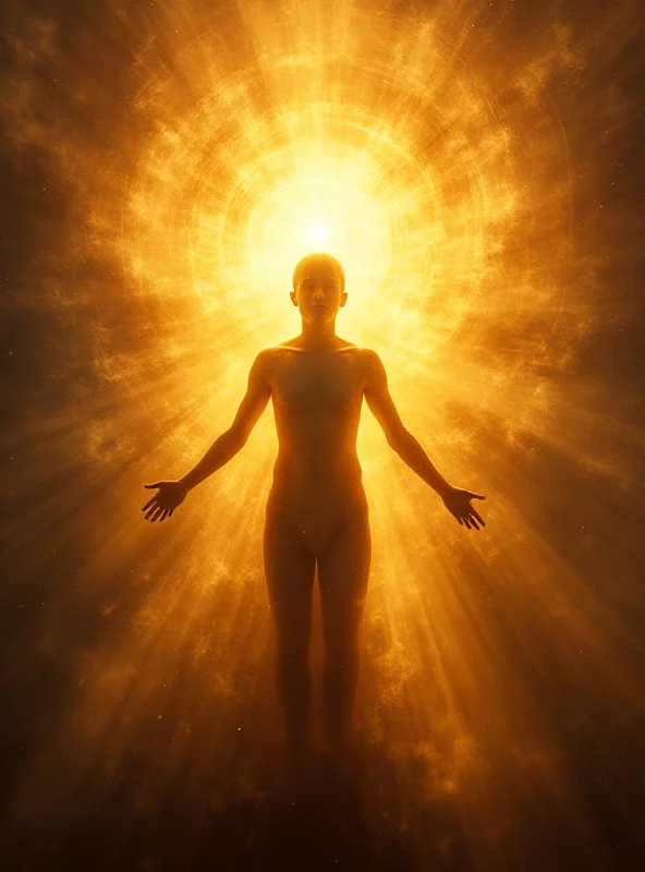 Abstract image of a person transforming into light, representing transcendence and divine connection.