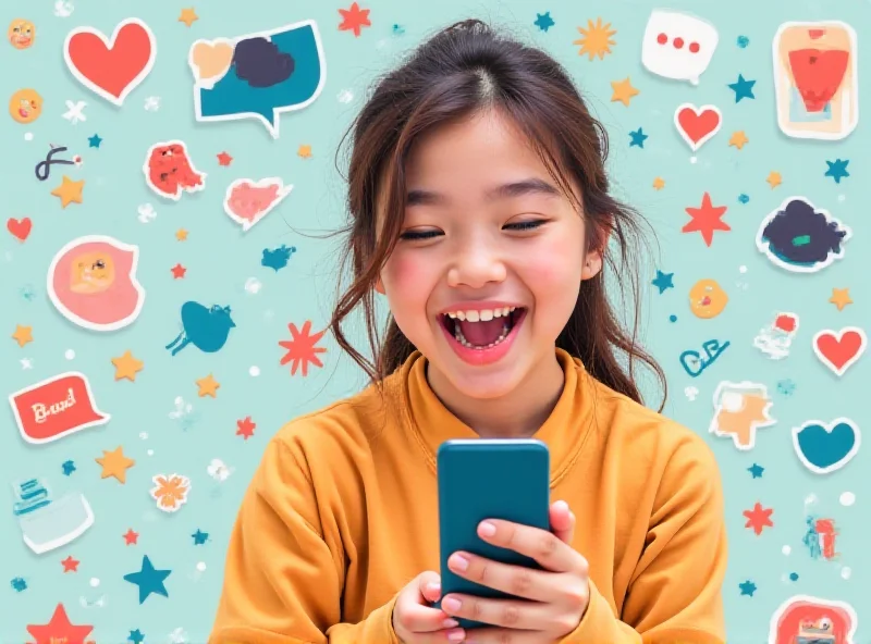 Teenager smiling while looking at their phone, surrounded by colorful social media icons.