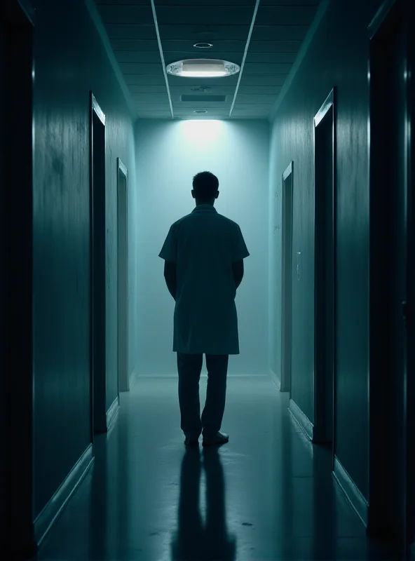 Silhouette of a doctor in a sterile hospital environment.