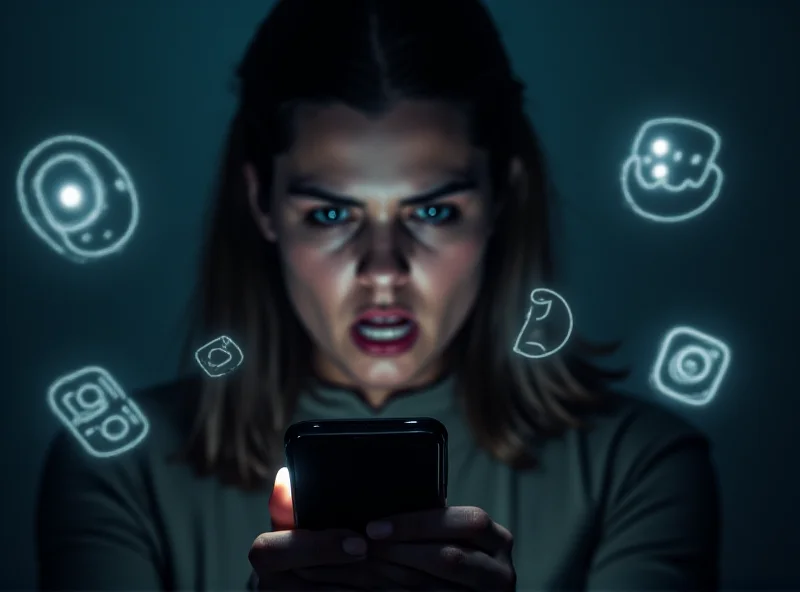 Disturbed Instagram user looking at their phone with a horrified expression, surrounded by digital symbols of social media.