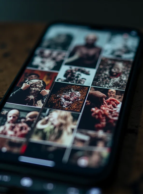 Close-up of an Instagram Reels feed filled with blurred, disturbing images of violence and gore. The interface is visible, but the focus is on the graphic content displayed on the screen.