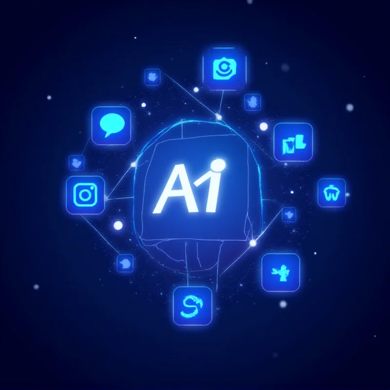 A futuristic interface depicting Meta AI logo with glowing circuits and data streams. The background shows stylized representations of Facebook, Instagram, Messenger, Threads, and WhatsApp icons fading into the AI interface, symbolizing the transition to a standalone AI app.