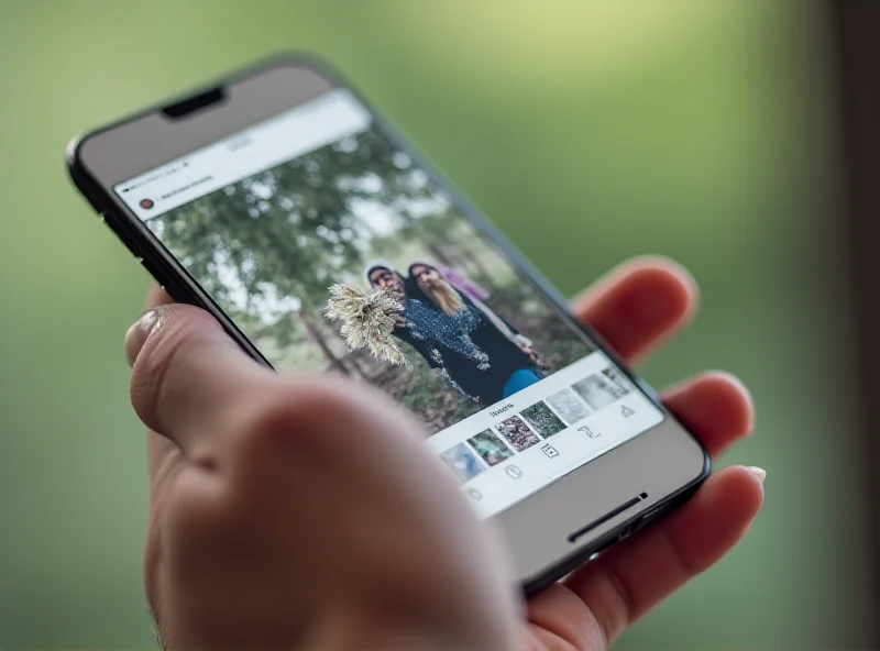 A person holding a smartphone with the Instagram app open, taking a screenshot of a post. The background is blurred, focusing on the phone and the action of taking a screenshot.