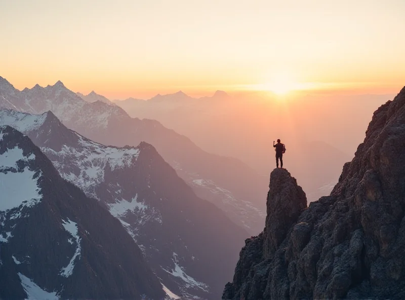 A dramatic mountain landscape with a small figure taking a photo with a smartphone.