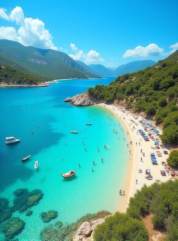 A scenic view of the Balearic Islands with clear blue water and tourists enjoying the beach.