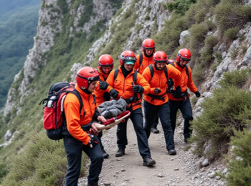 A group of mountain rescue team members assisting an injured hiker on a rocky mountain trail.