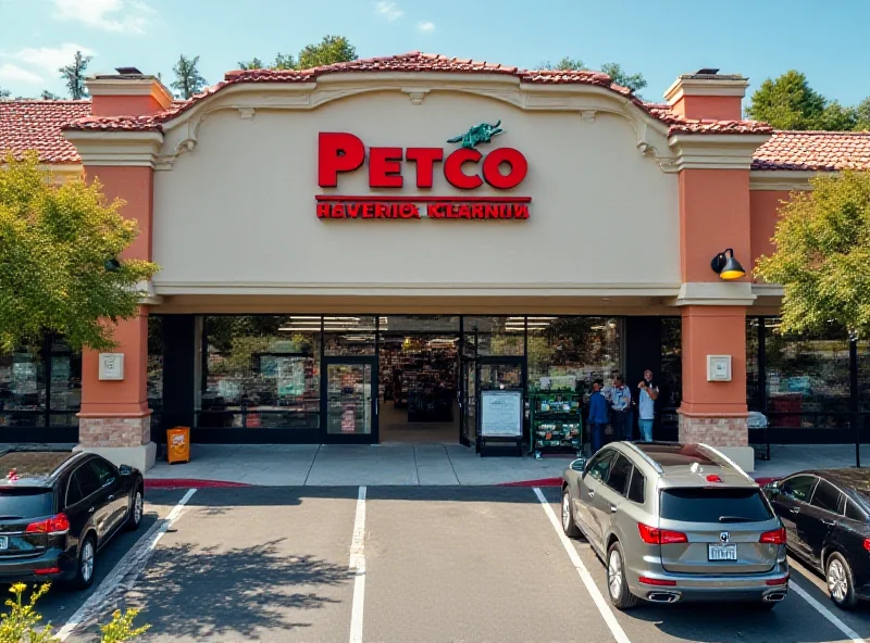 An aerial view of a Petco retail store, showcasing its exterior and parking lot. The store is well-maintained and bustling with activity, indicating a popular shopping destination for pet owners. The surrounding area includes other retail establishments and greenery.