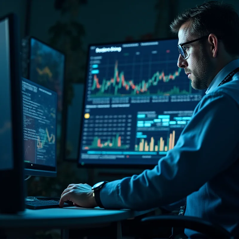 A close-up of a Roth Capital analyst reviewing financial data on a computer screen. The analyst is focused and appears to be analyzing charts and figures related to PEDEVCO Corp. A dimly lit office environment is visible in the background, suggesting a late-night work session.