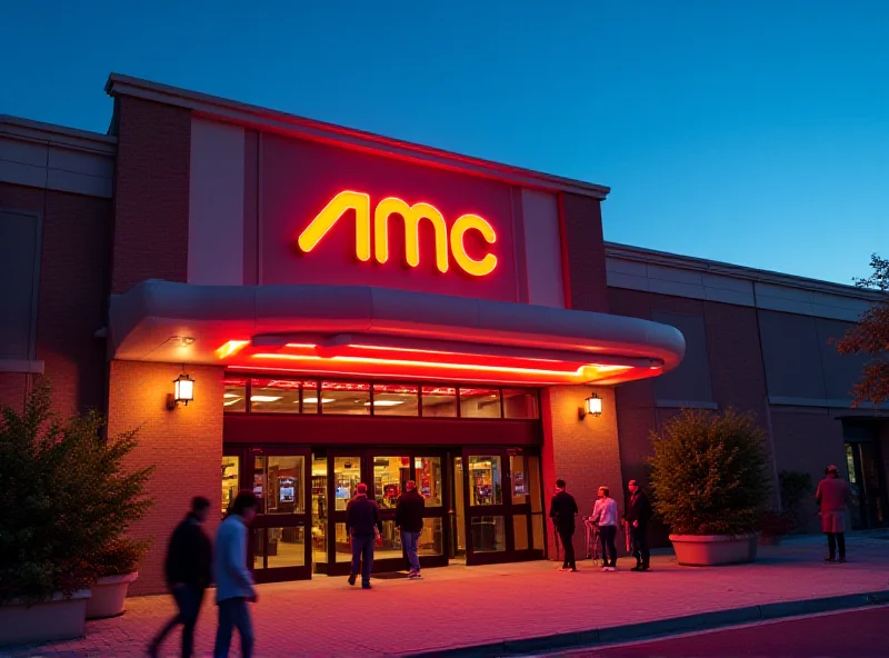 Exterior of a modern AMC movie theater at dusk, with bright signage and people entering.