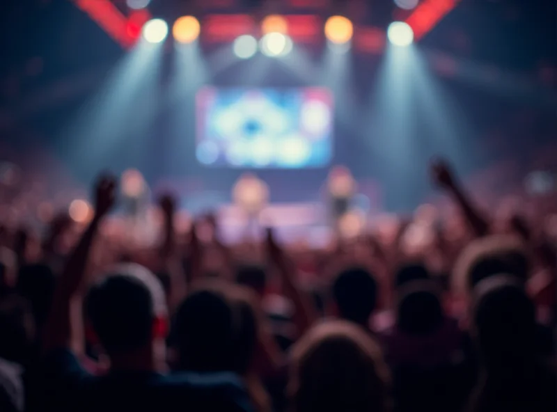 A blurred background of a mixed martial arts fight inside an arena, suggesting the sports and entertainment industry.