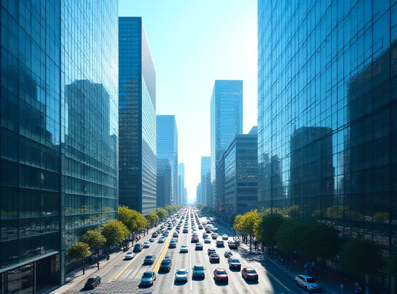 Aerial view of a financial district with skyscrapers and busy streets, symbolizing the financial industry.