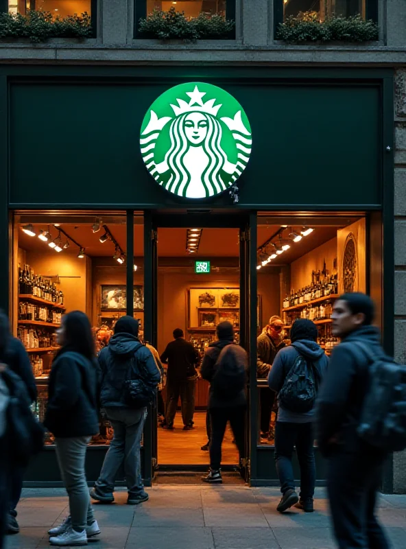 A brightly lit Starbucks store front with people inside and outside.