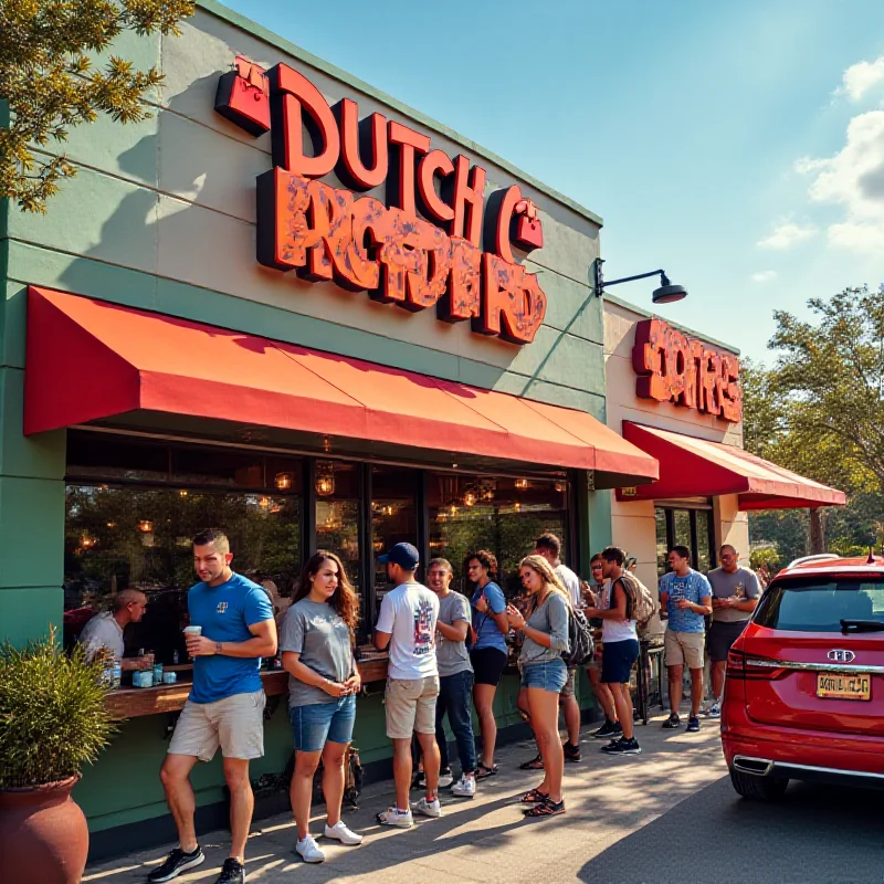 A colorful Dutch Bros store with a long drive-through line and happy customers.