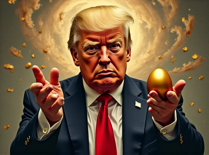 A digital artwork depicting Donald Trump carefully holding a golden egg, wearing a confused expression.