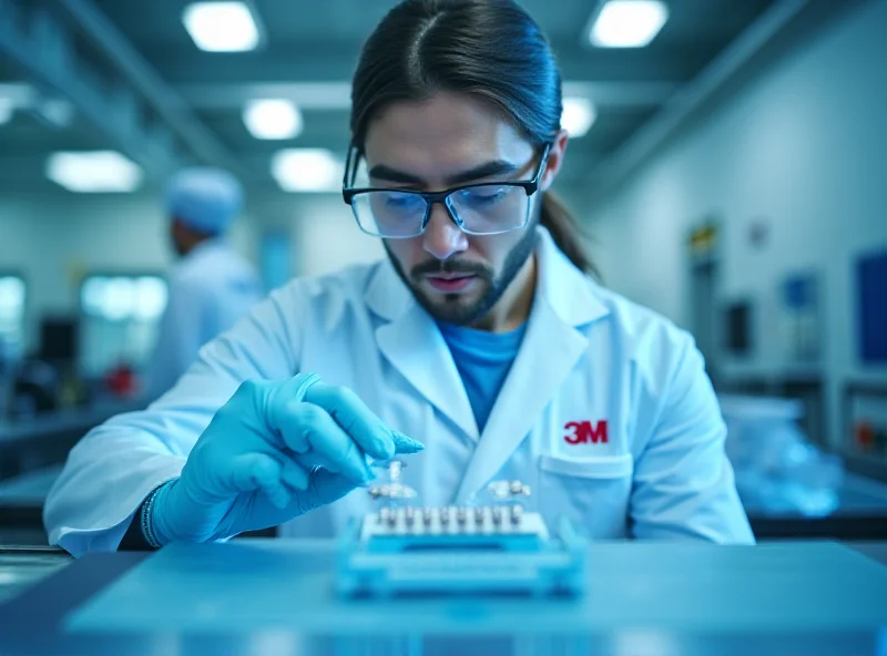 3M factory worker inspecting a product on a conveyor belt