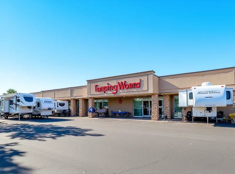 Exterior shot of a Camping World retail location with RVs on display