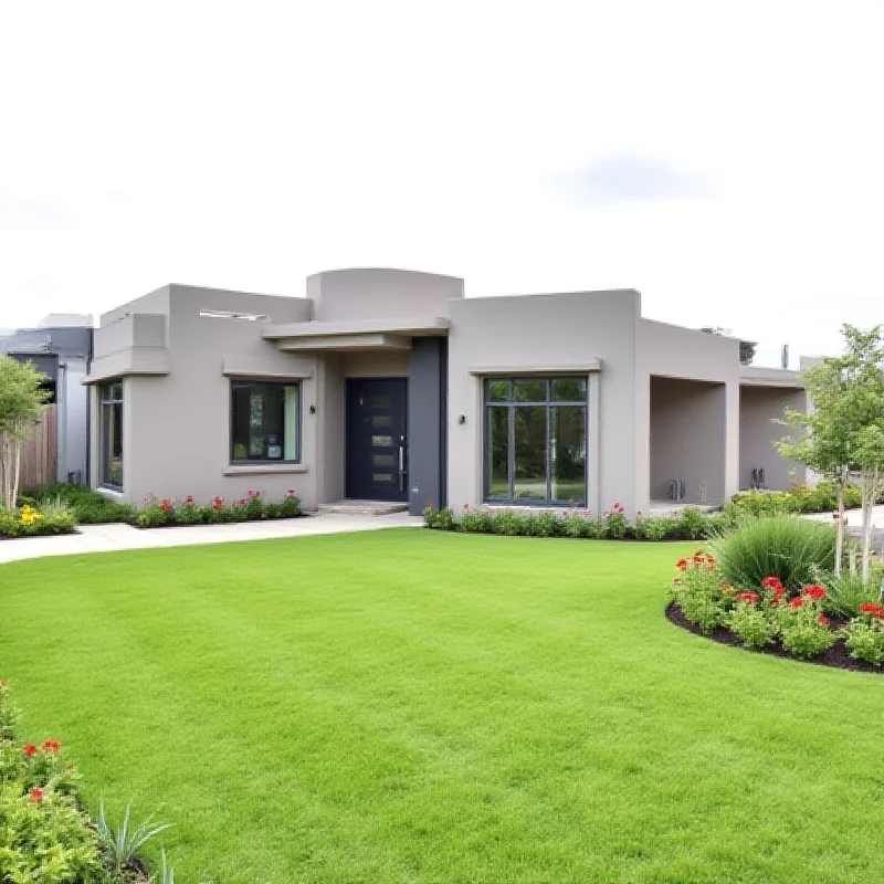 Newly constructed modern home with a well-manicured lawn and landscaping