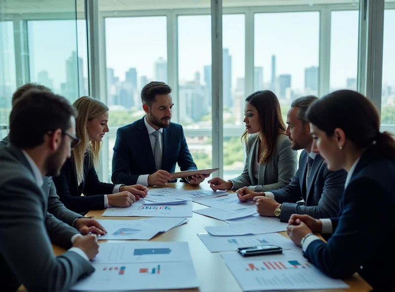 A diverse group of people from different backgrounds are collaboratively reviewing financial documents and charts during an investment meeting, emphasizing teamwork and global financial strategies.