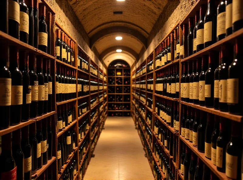 A sophisticated wine cellar filled with rows of neatly organized wine bottles, showcasing various labels and vintages, with soft lighting highlighting the rich colors of the wine.