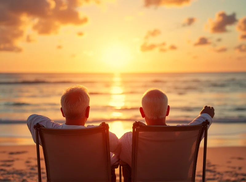 Conceptual image of retirement planning, showing a person relaxing on a beach with financial charts in the background.