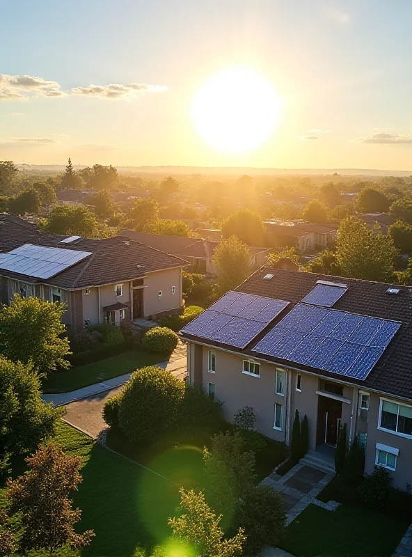 A residential neighborhood with solar panels on rooftops, glowing brightly in the sunlight. The image symbolizes the growing adoption of solar energy.