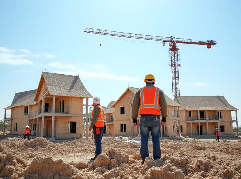 A construction site with multiple houses being built, with a crane in the background. The image represents the activity in the homebuilding market.