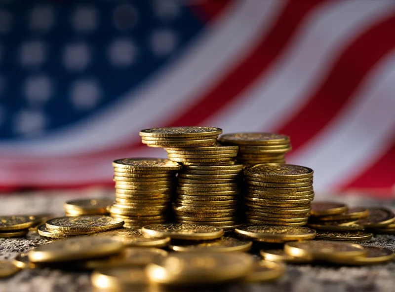 Conceptual image of cryptocurrency coins stacked on top of each other with an American flag background. The lighting is dramatic and emphasizes the digital nature of the coins.