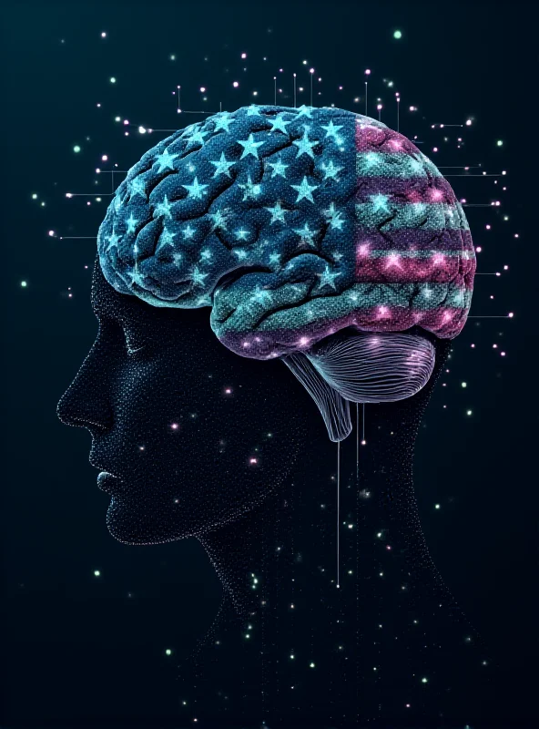 Abstract image of a brain composed of circuit boards and glowing nodes, representing artificial intelligence. The background is dark and futuristic, with hints of the American flag subtly incorporated.