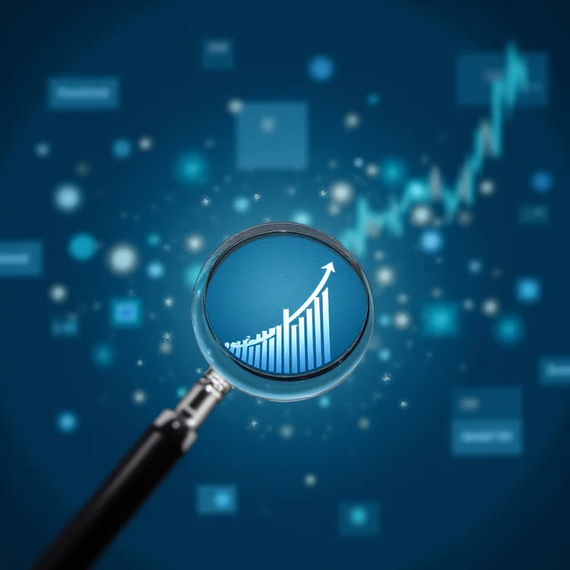 Illustration of a magnifying glass focusing on a graph showing an upward trend despite surrounding economic indicators showing uncertainty.