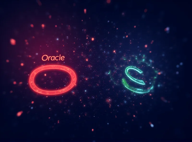 A digital illustration of Oracle and Nvidia logos floating amongst binary code, symbolizing their involvement in the AI sector.