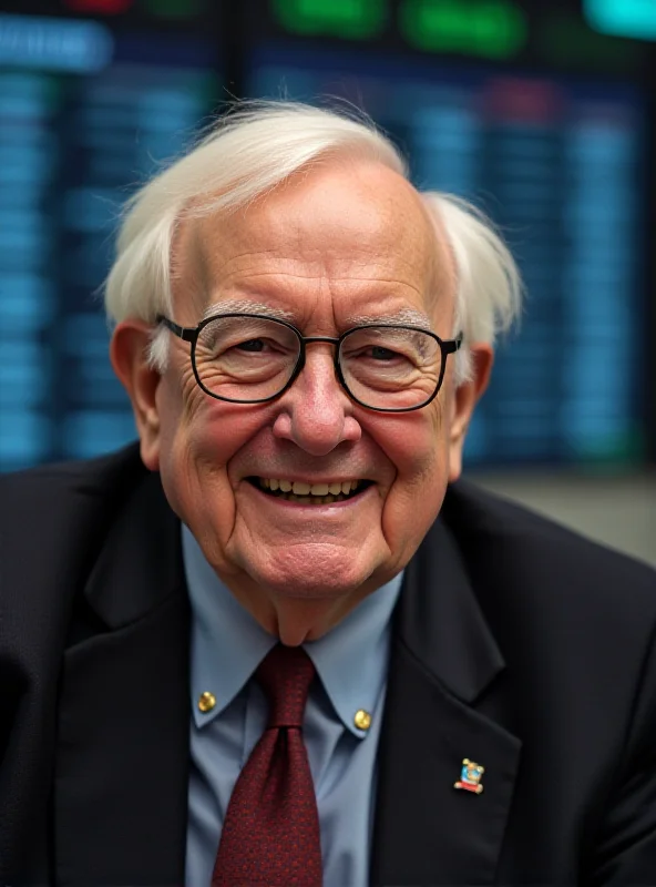 A close-up shot of Warren Buffett smiling slightly, with a blurred background of a financial news ticker.