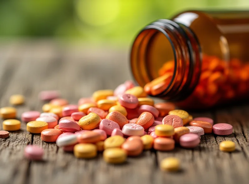 Pills spilling out of a medicine bottle on a wooden table, representing Apellis Pharmaceuticals