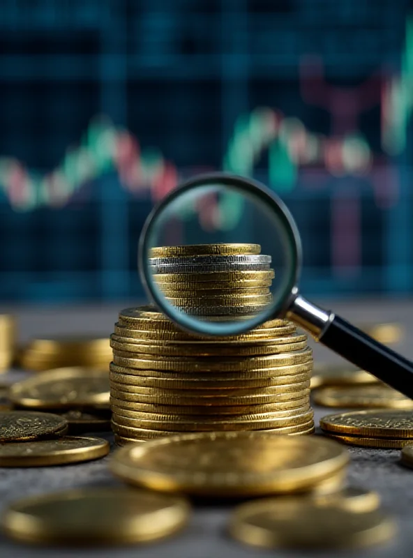 A stack of gold coins with a magnifying glass hovering over them, representing investment analysis of TMFC