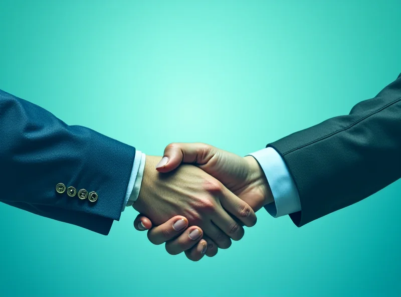 An image representing a merger of two companies with hands shaking and logos fading into one another.