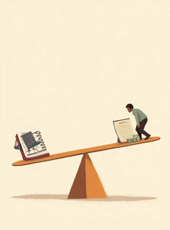 A person balancing a checkbook and investment portfolio on a seesaw, representing the decision of paying off debt versus investing.