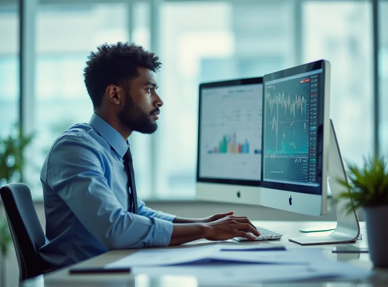 Image of a business person sitting at a desk looking at a computer screen with stock charts and graphs