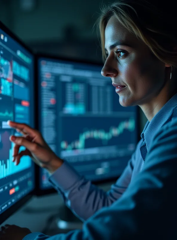 Close up of a financial analyst reviewing stock data on a computer screen