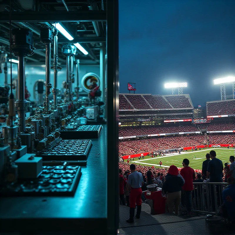 A split image showing a factory producing electrical components (left) and a stadium with Aramark concessions (right)