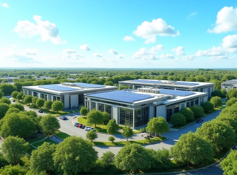 Aerial view of a modern business park with solar panels on the roofs of the buildings.