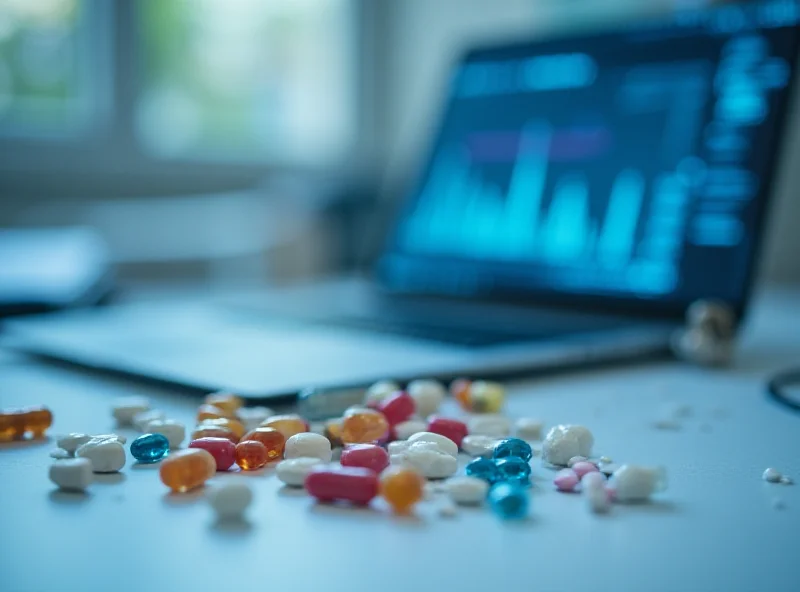 Close-up shot of various pills and capsules arranged on a pharmaceutical company's desk with a laptop in the background.