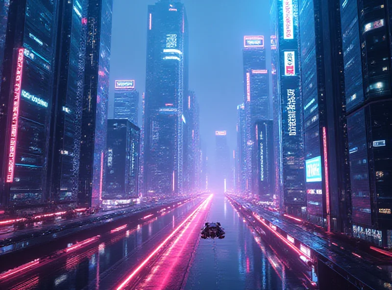 A futuristic cityscape with glowing neon lights and holographic displays, representing the potential of AI technology.