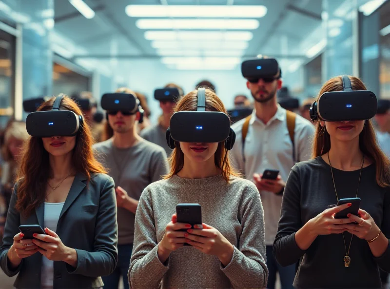 A diverse group of people using various Meta products, such as VR headsets and smartphones displaying Facebook and Instagram.