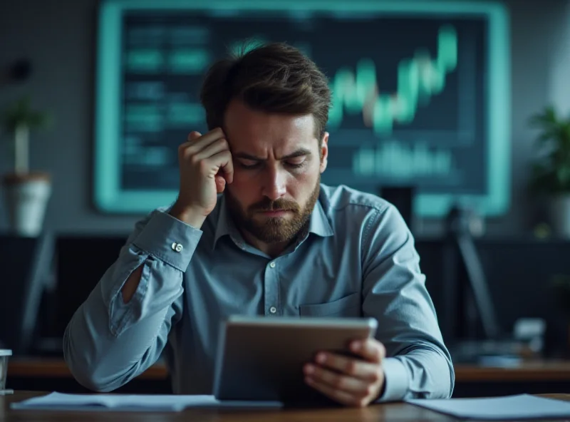 A person looking at a stock market chart on a tablet with a concerned expression.