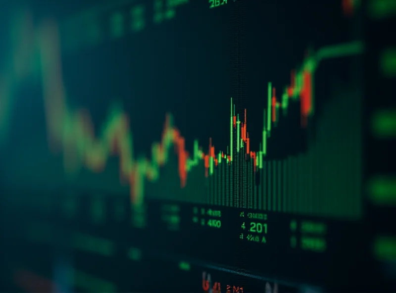 A close-up of a stock ticker display with upward trending graphs in the background